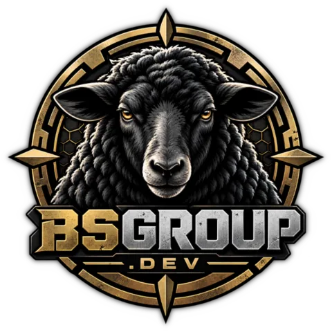 Black Sheep Group badge: a black sheep inside a gold and steel ring