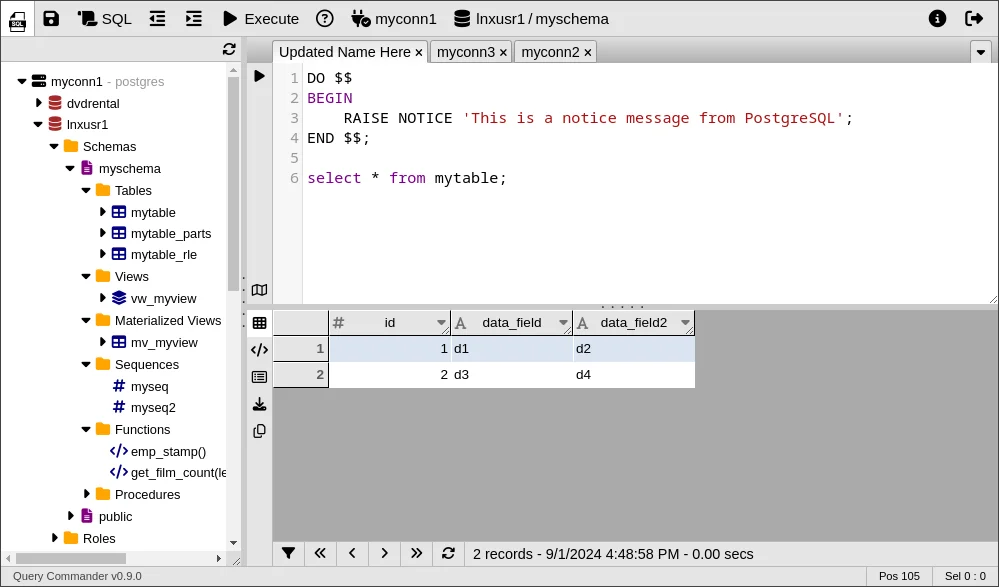 QueryCommander with a schema browser, a tabbed SQL editor, and a results grid
