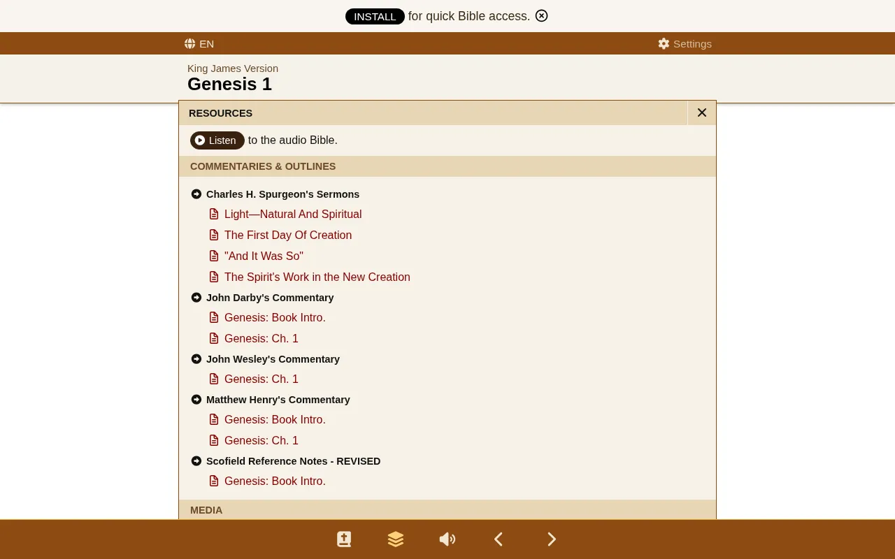TagTheWord resources panel for Genesis 1 listing audio, sermons, and commentaries by Spurgeon, Darby, Wesley, and Matthew Henry